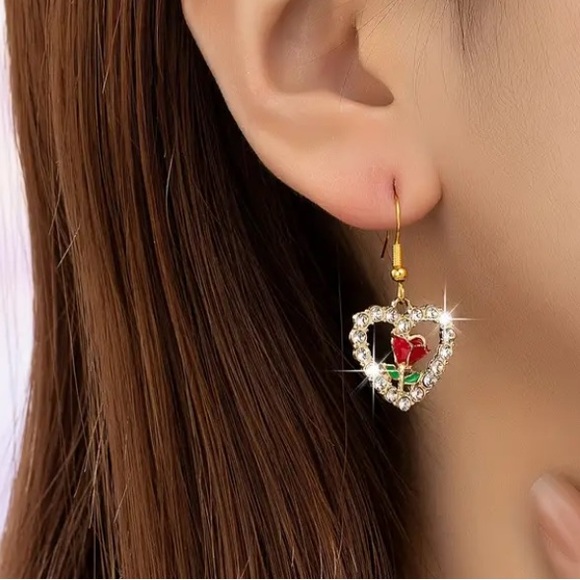 Red Rose & Diamond Heart Gold Toned Earrings - Picture 3 of 5